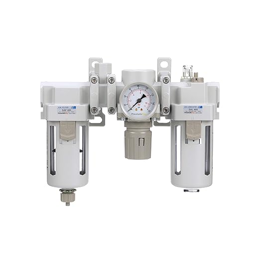 PneumaticPlus SAU400A-N04G - Dual Air System 1/2" NPT - Compressed Air Filter, Pressure Regulator & Lubricator w/Additional Free Air Port 3/8" NPT - Manual Drain, Poly Bowl