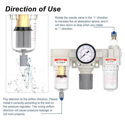 AIRZOE 1/4” NPT Air Compressor Filter, Regulator and Lubricator Combos FRL - Water Oil Trap Separator AC2000-02, 5 Micron Brass Element, Semi-auto Drain, 0-150 psi Gauge