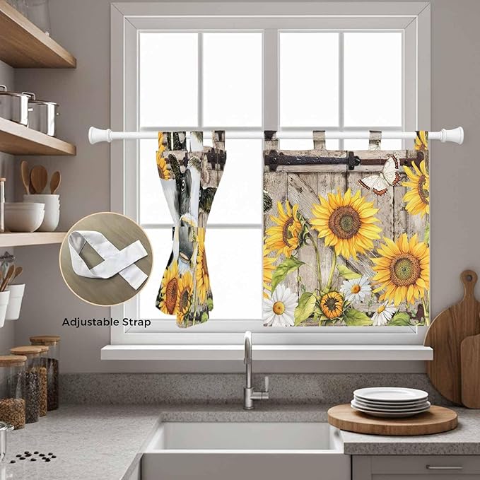 Retro Farmhouse Flower Kitchen Curtains 24 Inch Length, Small Window Curtains Tab Top, Yellow Sunflowers Cow Barn Doors Brown Light Filtering Short Window Treatments Tier Drapes 27.5"x24" 2 Panel