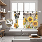Retro Farmhouse Flower Kitchen Curtains 24 Inch Length, Small Window Curtains Tab Top, Yellow Sunflowers Cow Barn Doors Brown Light Filtering Short Window Treatments Tier Drapes 27.5"x24" 2 Panel