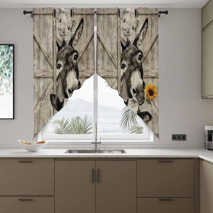 Funny Farm Animals Swag Valances for Windows, Vintage Barn Brown Sunflowers Rod Pocket Kitchen Curtains Valance, Kitchen Window Curtains Swag for Cafe Bathroom Living Room, 2 Panels, 36x63 inch