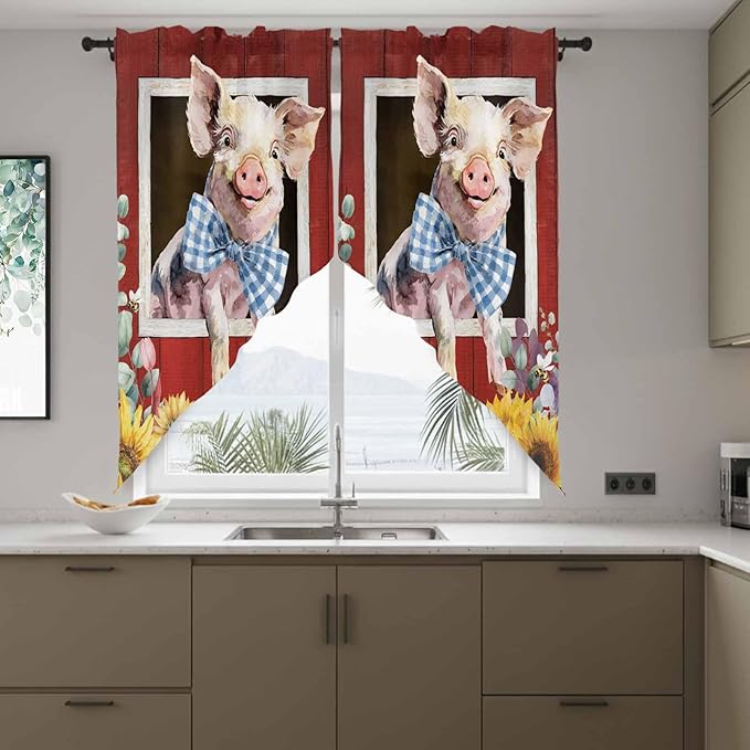 Pig Sunflowers Swag Valances for Windows, Eucalyptus Leaves Floral Bees Red Barn Rod Pocket Kitchen Curtains Valance, Small Window Curtains Swag for Cafe Bathroom Living Room, 2 Panels, 36x36 inch