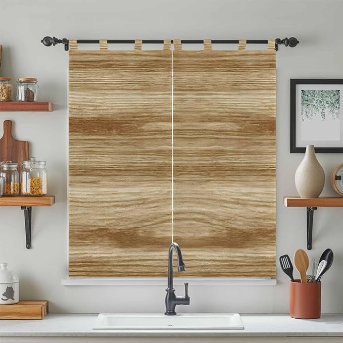 Light Brown Wood Grain Living Room Curtains 84 Inch Length, Window Curtains Tab Top, Western Farmhouse Barn Door Light Filtering Window Treatments Drapes 42"x84" 2 Panel