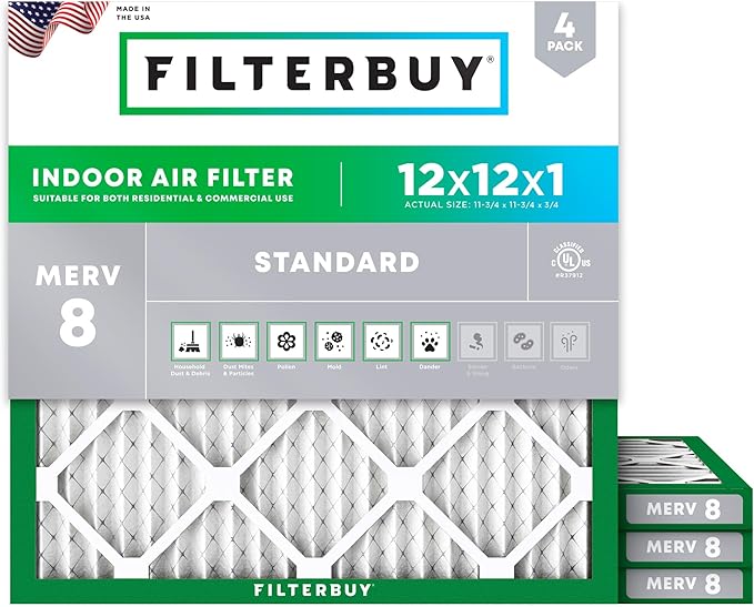 Filterbuy 12x12x1 Air Filter MERV 8 Essential Dust & Allergy Defense (4-Pack), Electrostatic Pleated HVAC AC Furnace Filters Replacement, Made in USA (Actual Size: 11.75 x 11.75 x 0.75)