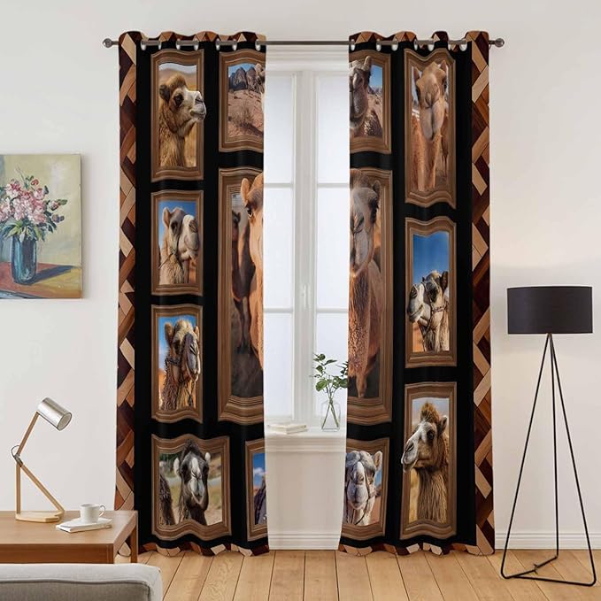 2 Panel Kitchen Cafe Curtains, Desert Camels Sunlight Filtering Nature Air Through, Home Decor Window Covering Tier Curtains for Living Room 104W x 90L inch Brown Wildlife Farmhouse Animals Rustic