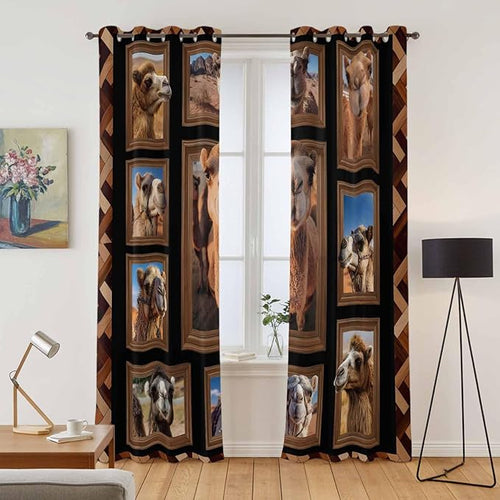 2 Panel Kitchen Cafe Curtains, Desert Camels Sunlight Filtering Nature Air Through, Home Decor Window Covering Tier Curtains for Living Room 80W x 84L inch Brown Wildlife Farmhouse Animals Rustic