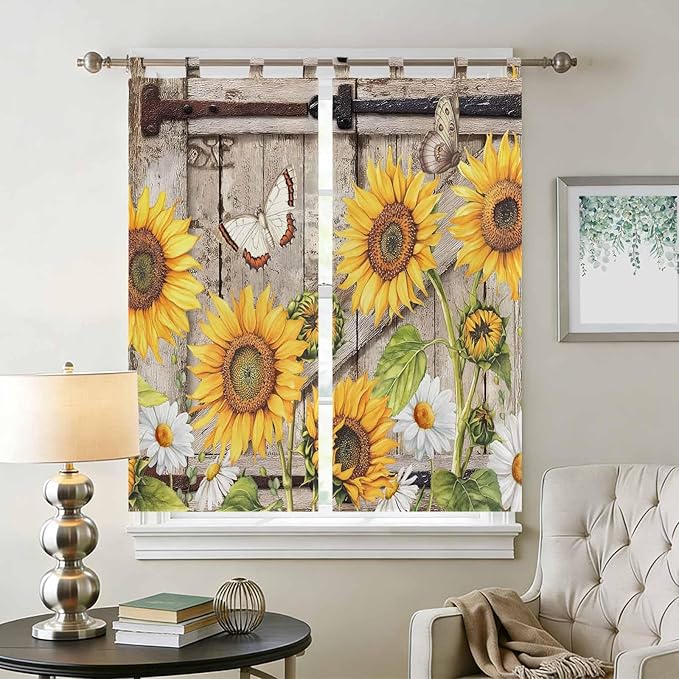 Farmhouse Sunflowers Bedroom Curtains 72 Inch Length, Window Curtains Tab Top, Rustic Barn Doors Flowers Butterfly Wooden Light Filtering Window Treatments Drapes 52"x72" 2 Panel