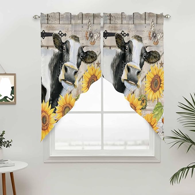 Yellow Sunflowers Swag Valances for Windows, Farmhouse Cow Barn Doors Floral Butterfly Rod Pocket Kitchen Curtains Valance, Small Window Curtains Swag for Cafe Living Room, 2 Panels, 28x36 inch