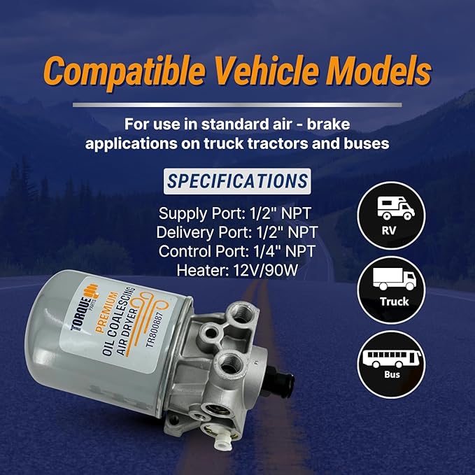 Torque 800887 AD-SP Style Air Dryer for Freightliner, Peterbilt Replaces 065691 Bendix: 800887 65691 109991 Haldex: 10991X Meritor: R95510991X (TR800887)