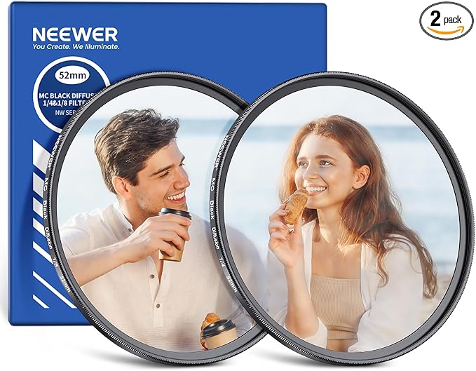 NEEWER 52mm 1/4 & 1/8 Black Diffusion Camera Lens Filter 2 Pack Set, Dreamy Cinematic Effect Filter Multicoated Glass Storage Case Cleaning Cloth, for Portrait Photography Video