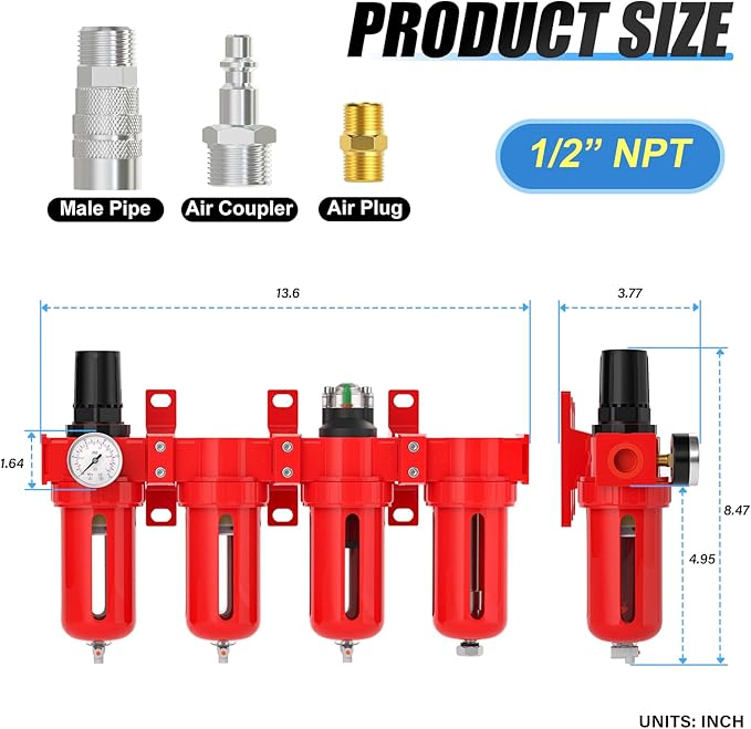 1/2" NPT Industrial Grade 4 Stage Aluminum Air Drying System, Coalescing Filter, Double Particulate Filter, Desiccant Dryer and Air Regulator,Manual Drain For Plasma Cutter and Paint Spray