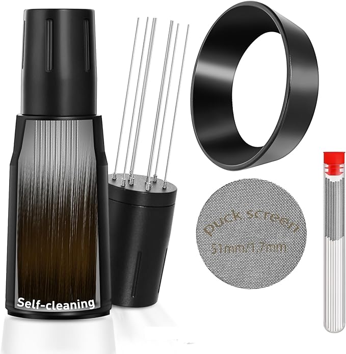 WDT Tool Espresso Distributor Accessory kit &1.7mm Thickness 150μm Mesh Puck Screen & 8 Magnets dosing ring Compatible with Portafilter (WDT +51MM Black dosing ring&puck screen)