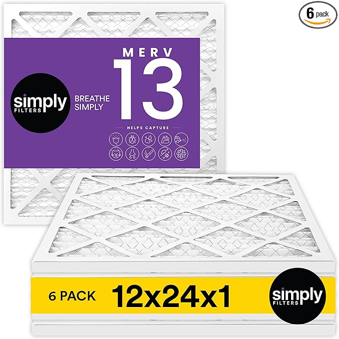 Simply 12x24x1 Air Filter, Merv 13, 6 Pack, For Home AC Furnace & HVAC (Actual Size: 11.75"x23.75"x0.75") DUST, Pet, & Allergy Control