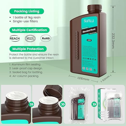 SUNLU 3D Printer Resin 3kg, Fast Curing Standard 3D Resin for LCD DLP SLA Resin 3D Printers, 395 to 405nm UV Curing 3D Printing Liquid Photopolymer Resin, Low Shrinkage, High Precision, 3000g, Beige