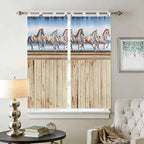 Western Horse Bathroom Curtains 63 Inch Length, Window Curtains Tab Top, Farmhouse Wooden Grain Vintage Cowboy Barn Door Light Filtering Window Treatments Drapes 52"x63" 2 Panel