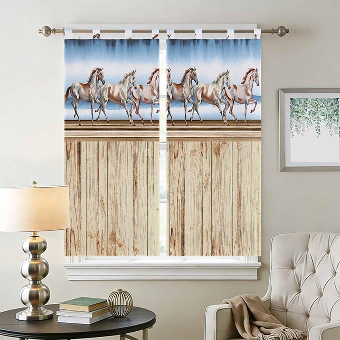 Western Horse Living Room Curtains 84 Inch Length, Window Curtains Tab Top, Farmhouse Wooden Grain Vintage Cowboy Barn Door Light Filtering Window Treatments Drapes 42"x84" 2 Panel