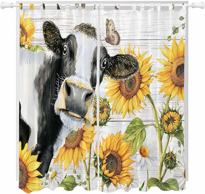 Retro Farmhouse Floral Living Room Curtains 84 Inch Length, Window Curtains Tab Top, Yellow Sunflowers Cows Butterfly Wood Light Filtering Window Treatments Drapes 52"x84" 2 Panel