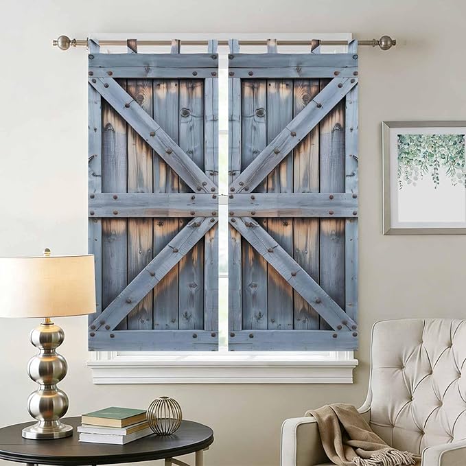 Farmhouse Wood Grain Bedroom Curtains 72 Inch Length, Window Curtains Tab Top, Vintage Country Barn Gate Textured Light Filtering Window Treatments Drapes 52"x72" 2 Panel
