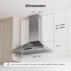 Wall Mount 36 Inch Range Hood 900 CFM, Ductless/Ducted Convertible Kitchen Hood, 3-speed Gesture Sensing & Touch Control, Stainless Steel Kitchen Vent Hood with Permanent Baffle Filters