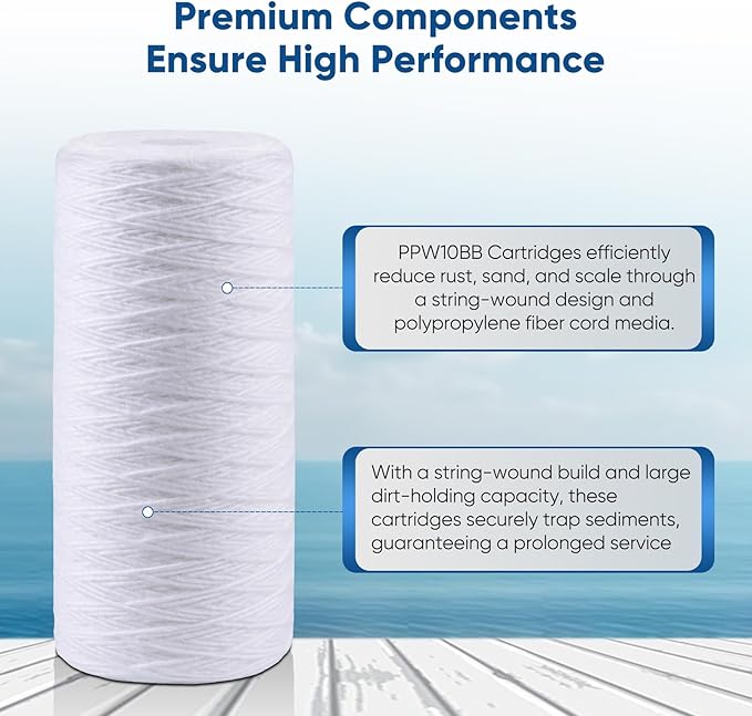 PUREPLUS 5 Micron 10 x 4.5 Whole House String Wound Sediment Filter for Well Water, Replacement Cartridge for 84637, WPX5BB97P, PC10, 355214-45, 355215-45, WP10BB97P, WP5BB97P, 3Pack