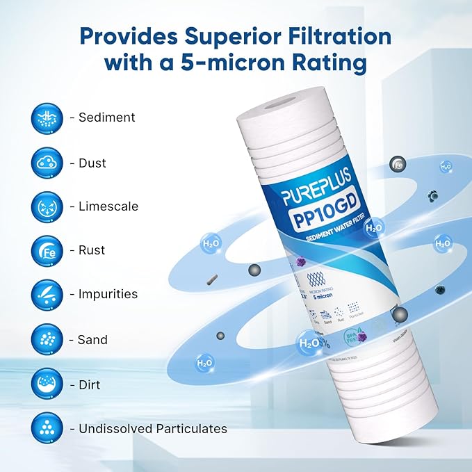 PUREPLUS 5 Micron 10" x 2.5" Whole House Grooved Sediment Home Water Filter, Replacement Cartridge for Any 10 inch RO Unit, AO-WH-PREV-R2, AP110, WHKF-G05, AB-SGR5M, GXWH20S, WFPFC5002, CFS10, 6Pack