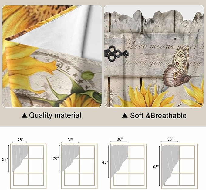 Farm Flowers Swag Valances for Windows, Retro Sunflowers Barn Doors Butterfly Wood Board Rod Pocket Kitchen Curtains Valance, Kitchen Window Curtains Swag for Cafe Living Room, 2 Panels, 36x63 inch