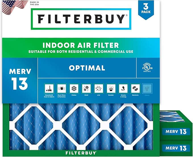Filterbuy 16x16x2 Air Filter MERV 13 Optimal Smoke & Allergy Defense (3-Pack), Electrostatic Pleated HVAC AC Furnace Filters Replacement, Made in USA (Actual Size: 15.50 x 15.50 x 1.75)