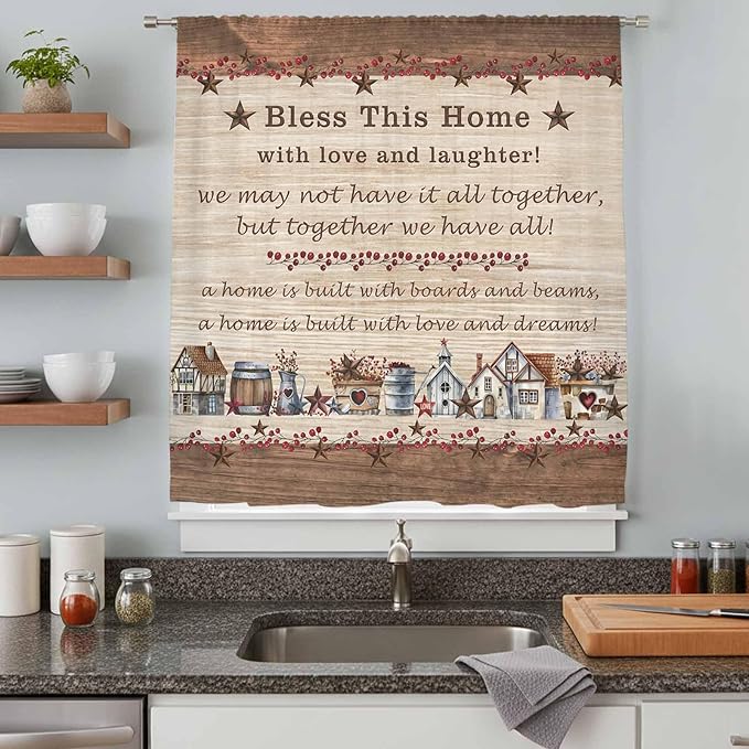 Farmhouse Sheer Curtains 108 Inch Length Brown Country Star Berry Vintage Wood Grain Chiffon Curtain for Bedroom Living Room Light Filtering Rod Pocket Window Treatments Voile Curtains Drapes