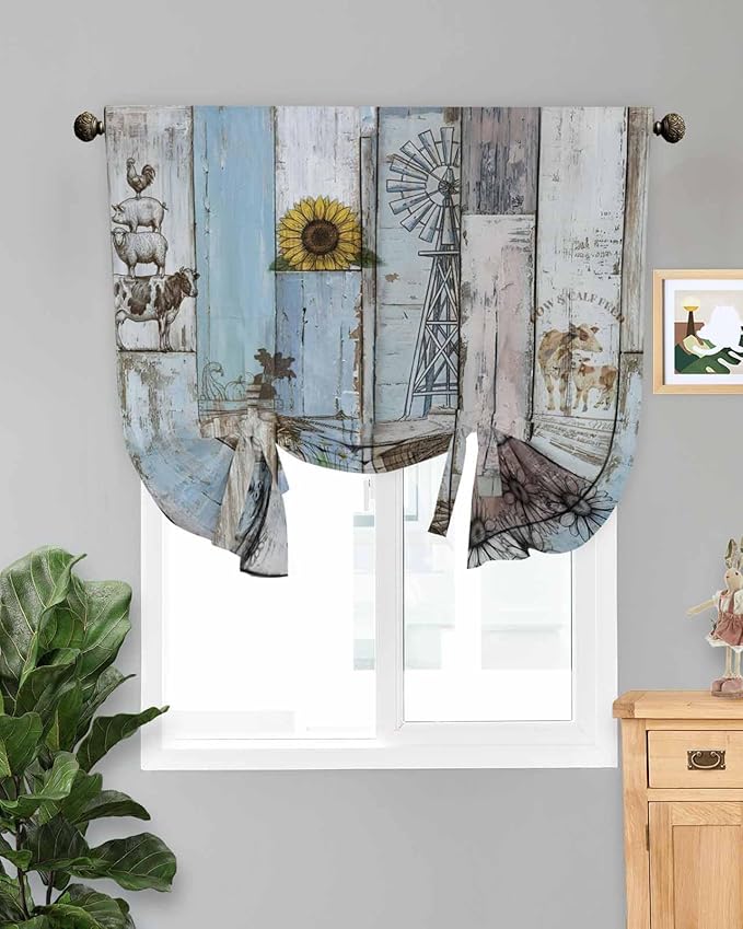 Tie Up Curtains for Windows, Blue Grey Wooden Adjustable Balloon Nature Linen Textured Kitchen Curtain, Farmhouse Barn Sunflowers Retro Room Darkening Curtains for Glass Door, 42 x 45 in