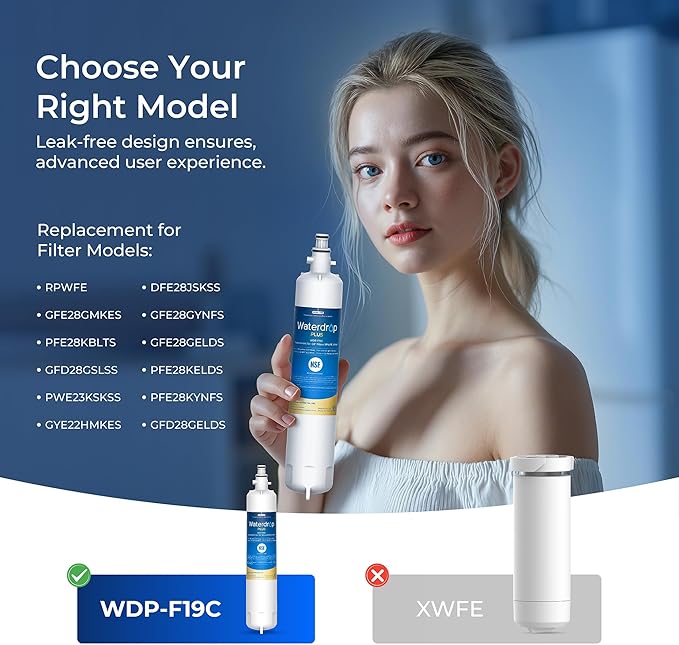 Waterdrop Plus WDP-F19C Replacement for GE® RPWFE®, RPWF (with CHIP) NSF 401 Refrigerator Water Filter, Compatible with WSG-4, GFE28GBLTS, GFE28GSKSS, PFE28KMKES, 2 Filters（Package May Vary）