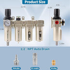 1/2" NPT Industrial Grade 4 Stage Air Compressor Drying System, 0-240 PSI, Particulate & Coalescing Filters, Auto Drain Air Compressor Water Separator System Filter Oil for Paint Spray＆ Plasma Cutter