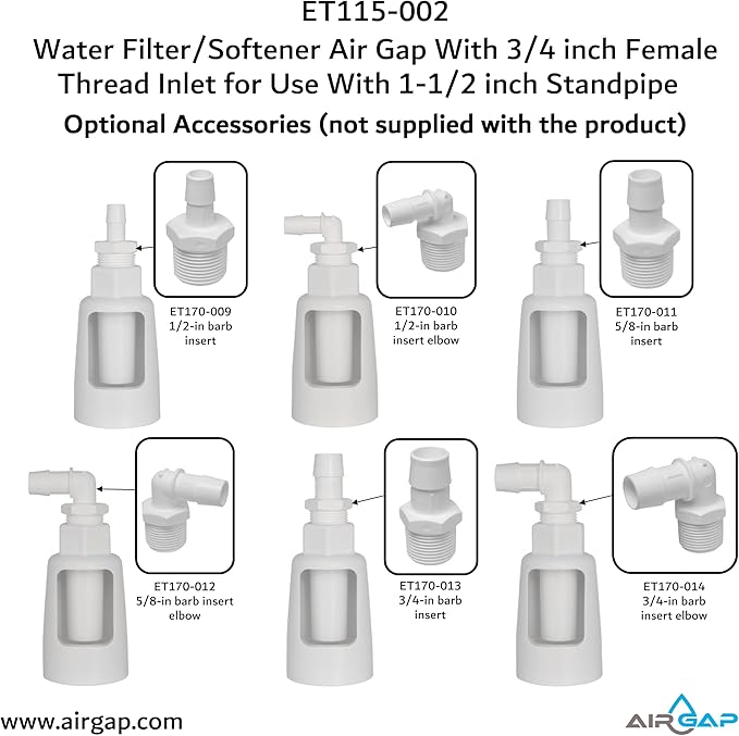 Water Filter/Softener Air Gap With 3/4-inch Female Threaded Inlet for Use With 1-1/2-inch or 2 inches (with coupler) Standpipe (ET115-002, G-175, DLA-G15)