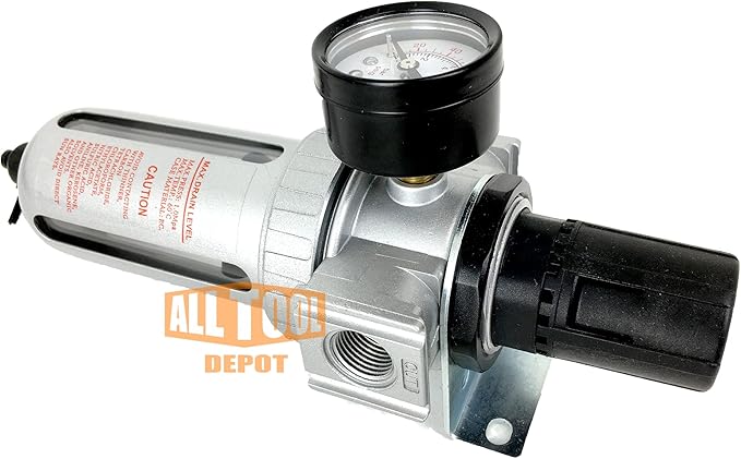 1/4" NPT Mid Flow Compressed Air In Line Filter Regulator Combo Piggyback, Poly Bowl And Metal Body, 5 Micron Element, Adjustable From 7 to 145 PSI (MANUAL DRAIN)