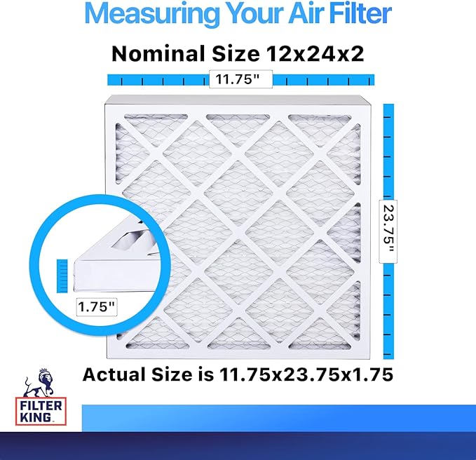 Filter King 12x24x2 Air Filter | 5-PACK | MERV 8 HVAC Pleated A/C Furnace Filters | MADE IN USA | Actual Size: 11.75 x 23.75 x 1.75"
