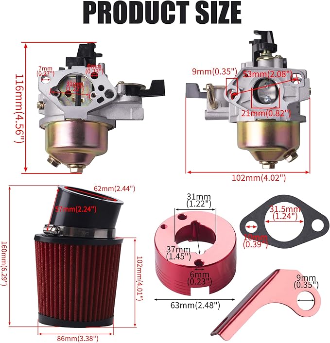 Upgrade Carburetor Air Filter Adapter Pipe Jet Stage 2 Kit for Predator 301cc 420cc 13hp 15hp GX340 GX390 389cc Mini Bike Parts(Red)