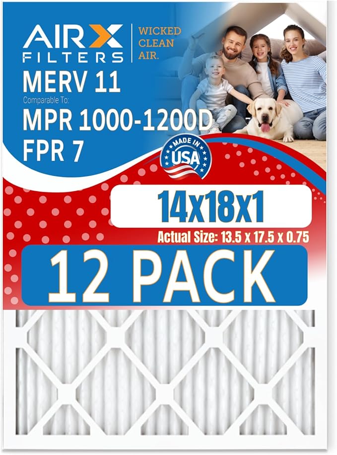 14x18x1 Air Filter MERV 11 Rating, 12 Pack of Furnace Filters Comparable to MPR 1000, MPR 1200 & FPR 7 - Made in USA by AIRX FILTERS WICKED CLEAN AIR.