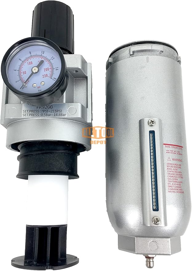 1" NPT SUPER DUTY Compressed Air In Line Filter Regulator Combo Piggyback, Metal Bowl, 5 Micron Element, Adjustable From 7 to 215 PSI (MANUAL DRAIN)