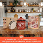 Bacon Grease Container with Strainer - With Food-Grade Silicone Spatula, 46oz Large Enamel Rustic Farmhouse Fat Container, Keeper, Recipes, Dishwasher Safe