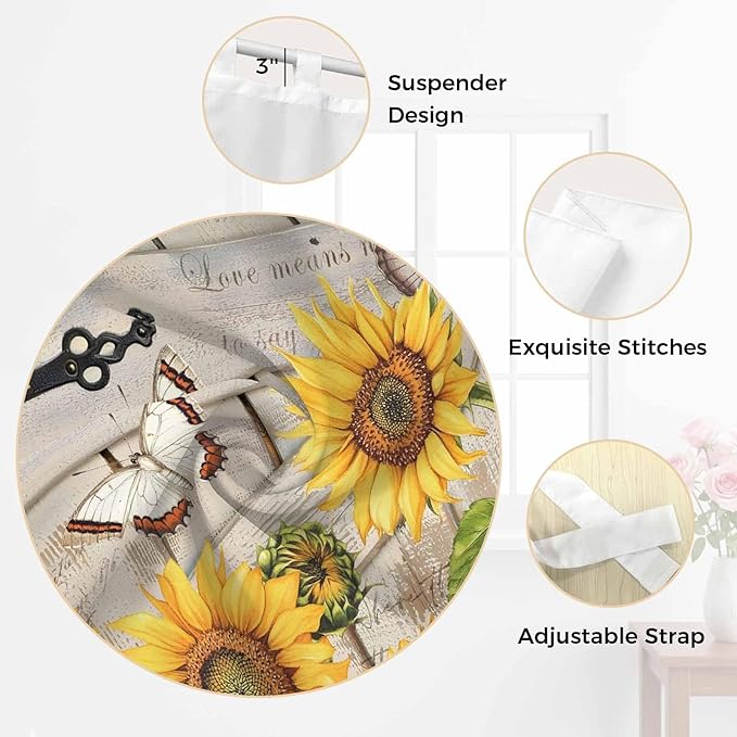 Farm Flowers Bedroom Curtains 63 Inch Length, Window Curtains Tab Top, Retro Sunflowers Barn Doors Butterfly Wood Board Light Filtering Window Treatments Drapes 42"x63" 2 Panel