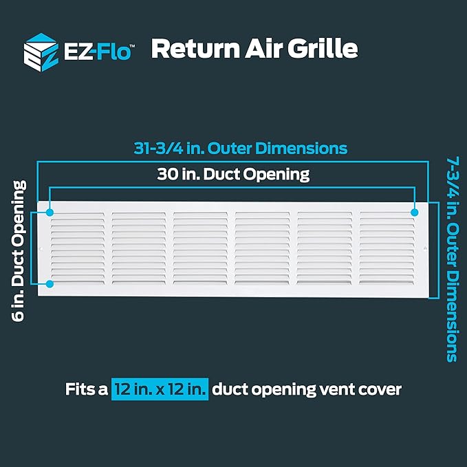 EZ-FLO 30 x 6 Inch (Duct Opening) Return Air Vent Cover for Wall or Ceiling, Solid Steel Return Air Grille, HVAC Vent Cover, White, 61630