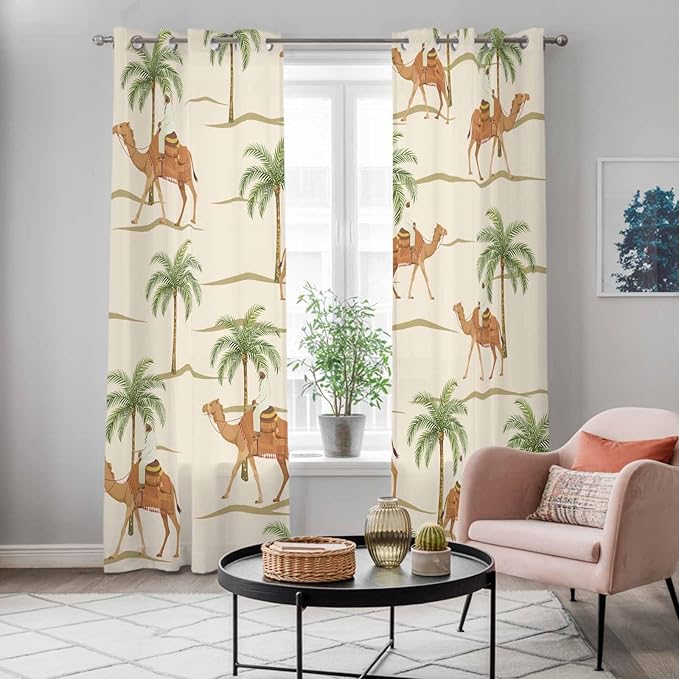 2 Panel Kitchen Cafe Curtains, Date Coconut Tree Sunlight Filtering Nature Air Through, Home Decor Window Covering Tier Curtains for Living Room 104W x 96L inch Desert Camels Botanical Tropical Beige