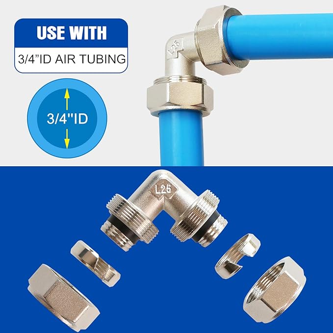 3/4 Inch Brass-Nickel Plated Elbow Fittings, Air Hose Fittings for 3/4 Inch Compressed Air Piping System, Corrosion-Resistant Fitting for Shop Garage Air Line Kit