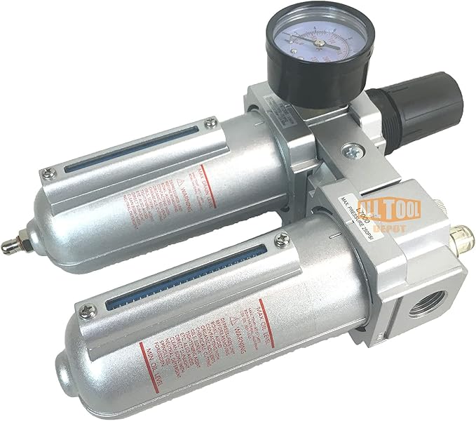 3/4" NPT HEAVY DUTY Compressed Air In Line Filter Regulator Lubricator Oiler Combo Piggyback, Metal Bowl, 5 Micron Element, Adjustable From 7 to 215 PSI (MANUAL DRAIN)