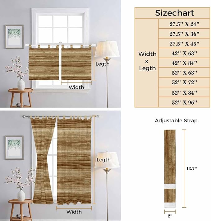Vintage Western Kitchen Curtains 36 Inch Length, Small Window Curtains Tab Top, Rustic Farmhouse Wooden Grain Barn Door Light Filtering Short Window Treatments Tier Drapes 27.5"x36" 2 Panel