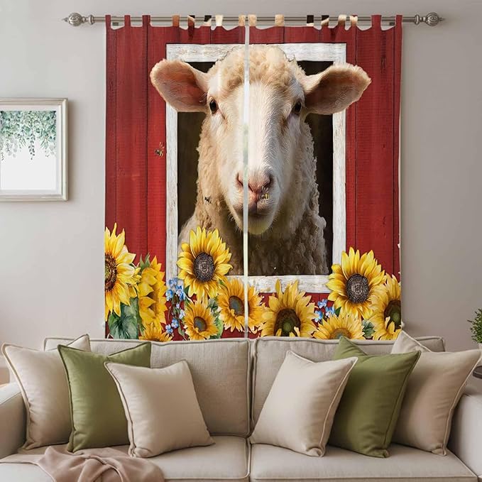 Sheep Sunflower Living Room Curtains 84 Inch Length, Window Curtains Tab Top, Country Red Farm Barn Spring Flowers Light Filtering Window Treatments Drapes 52"x84" 2 Panel