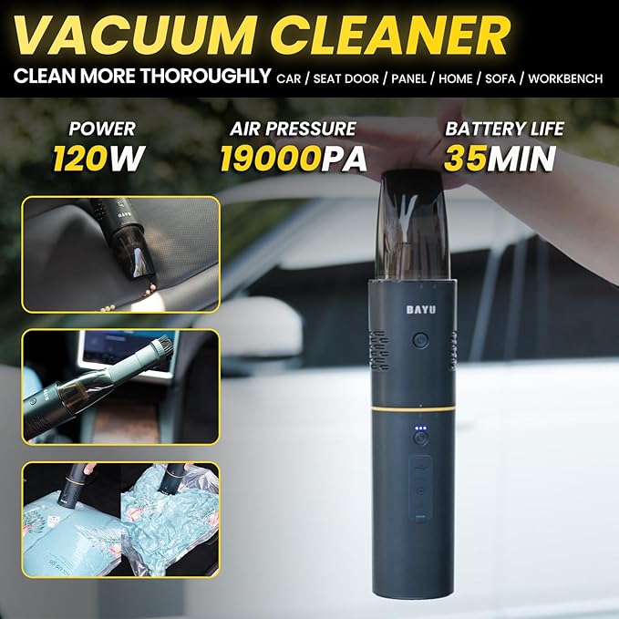 BAYU 6 in 1 Car Jump Starter Kit with 19000PA Car Vacuum Cleaner & Universal Battery, Cordless Pressure Washer, 150PSI Tire Inflator, Air Compressor, Portable 12V 1500A Auto Jump Box (6 Pcs)