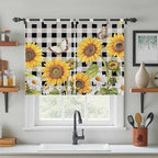 Sunflowers Kitchen Curtains 45 Inch Length, Short Cafe Window Curtains Tab Top, Yellow Flowers Butterfly Farmhouse Black Plaid Light Filtering Window Treatments Tier Drapes 27.5"x45" 2 Panel