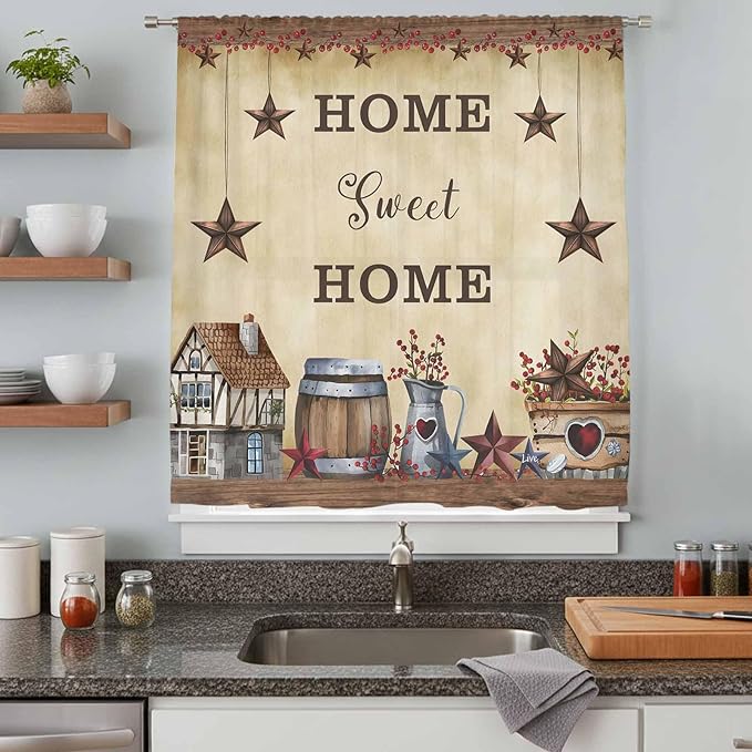 Farm Sheer Curtains 63 Inch Length American Country Barn Star Vintage Berry Brown Chiffon Curtain for Bedroom Living Room Light Filtering Rod Pocket Window Treatments Voile Curtains Drapes for Dining