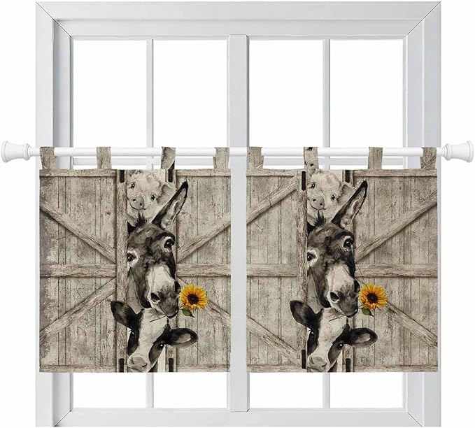 Funny Farm Animals Kitchen Curtains 36 Inch Length, Small Window Curtains Tab Top, Vintage Barn Brown Sunflowers Light Filtering Short Window Treatments Tier Drapes 27.5"x36" 2 Panel