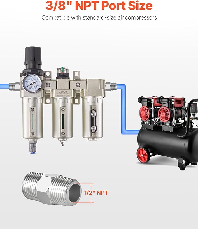 VEVOR Air Compressor Filter Regulator, 1/2" NPT 3-Stage 5μm & 0.3μm & 0.1μm Air Drying System with Micron Filters and Desiccant Dryer, Auto Drain Air Compressor Water Separator 175PSI Max Pressure